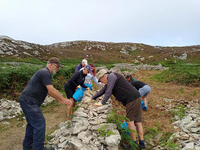 Volunteers dismantling the damaged wall