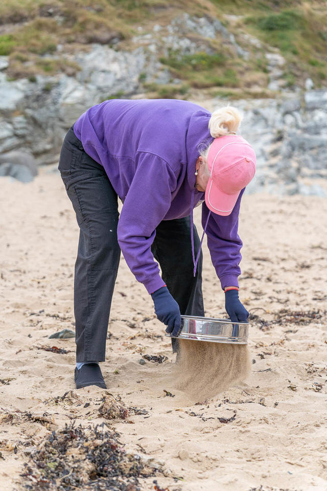 Looking for nurdles and small plastic with a sieve