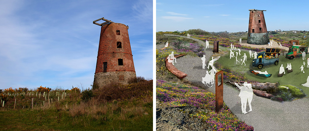 A photo of the derelict windmill in Amlwch Port next to artist's impression of the windmill as part of the vision for a new community park.