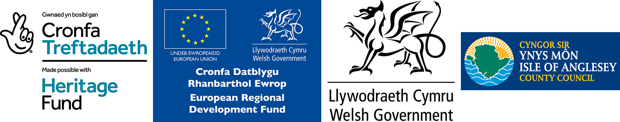 Logos from left to right: Heritage Fund, European Regional Development Fund, Welsh Government, Isle of Anglesey County Council for the European Regional Development Fund, Isle of Anglesey County Council, Welsh Government, Heritage Fund