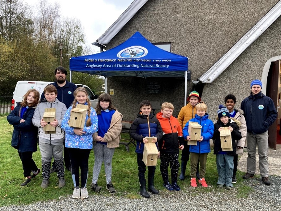 Pupils proud of their bird boxes, Aberlleiniog.