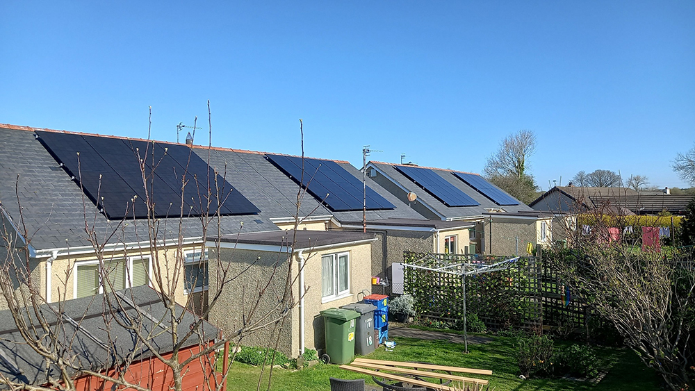 Gardens in Rhos Elin showing solar panels on the roofs