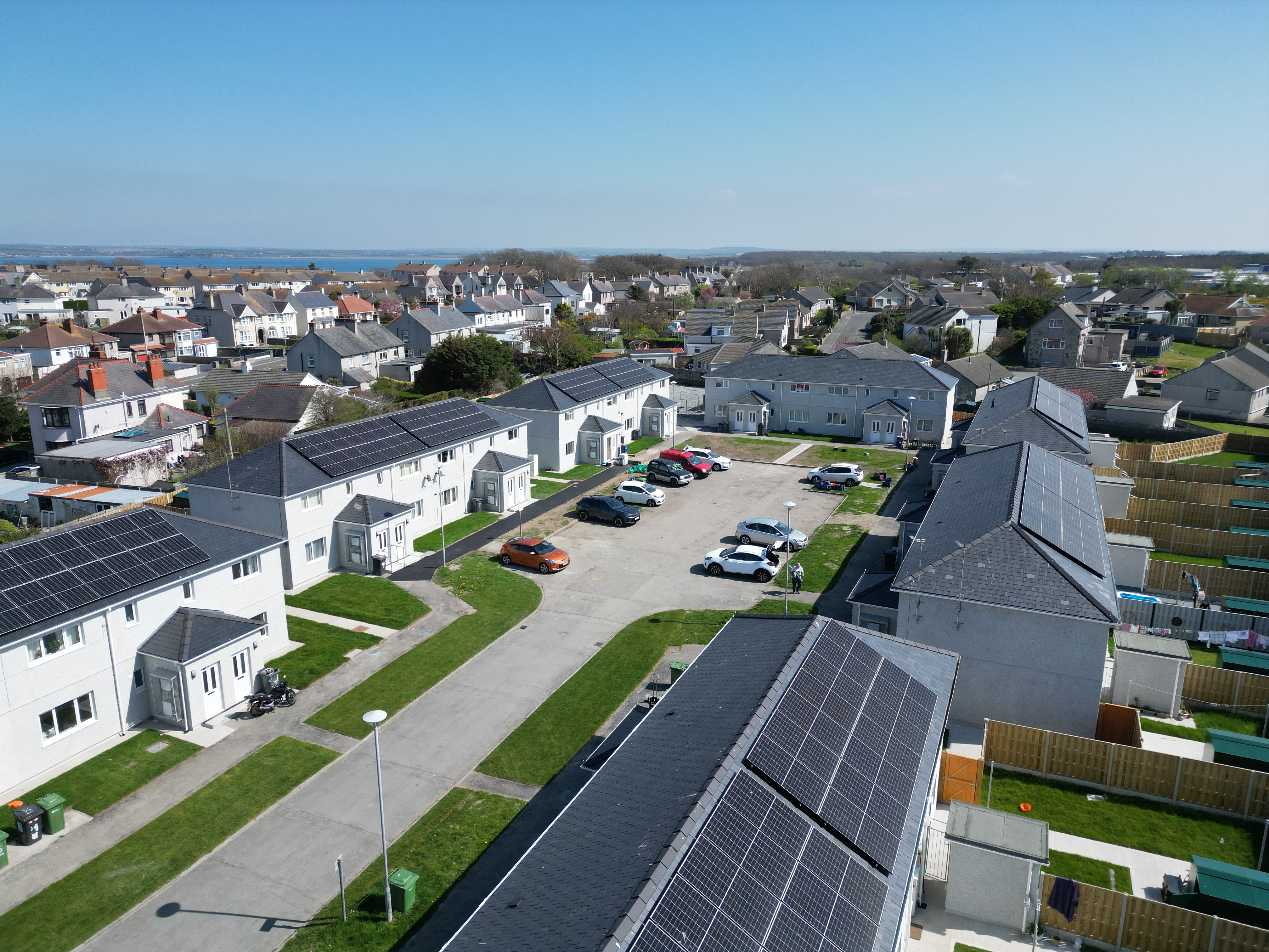 An aerial view of a street of houses